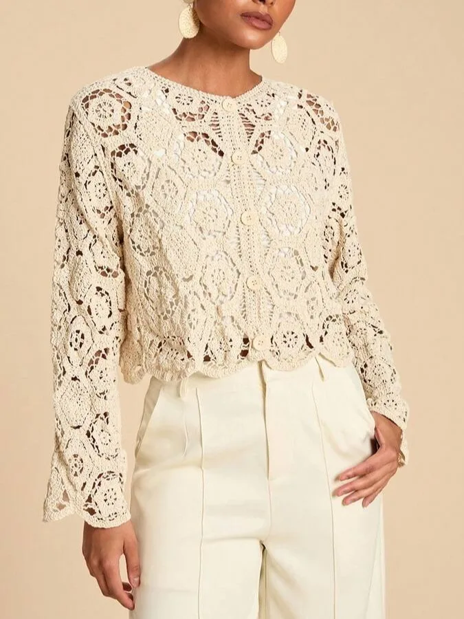 Spring Summer New Knitted Hollow Long Sleeve Cardigan Shoulder Open Sun Protection Single Button Soft Polyester Women's Knitt...