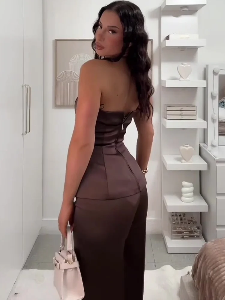 جديد الساتان السراويل الطويلة مجموعات للنساء أنيقة سترة دون حمالات القمم واسعة الساق السراويل الفضفاضة 2 قطعة مجموعات سيدة شيك الشارع وتتسابق