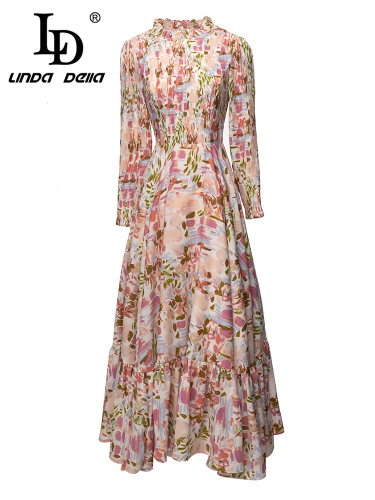 LD LINDA DELLA 2023 New Style Vintage Party Dress Women's Long Sleeve High Waist Print Splice Slim Fit Crumple Long Dress