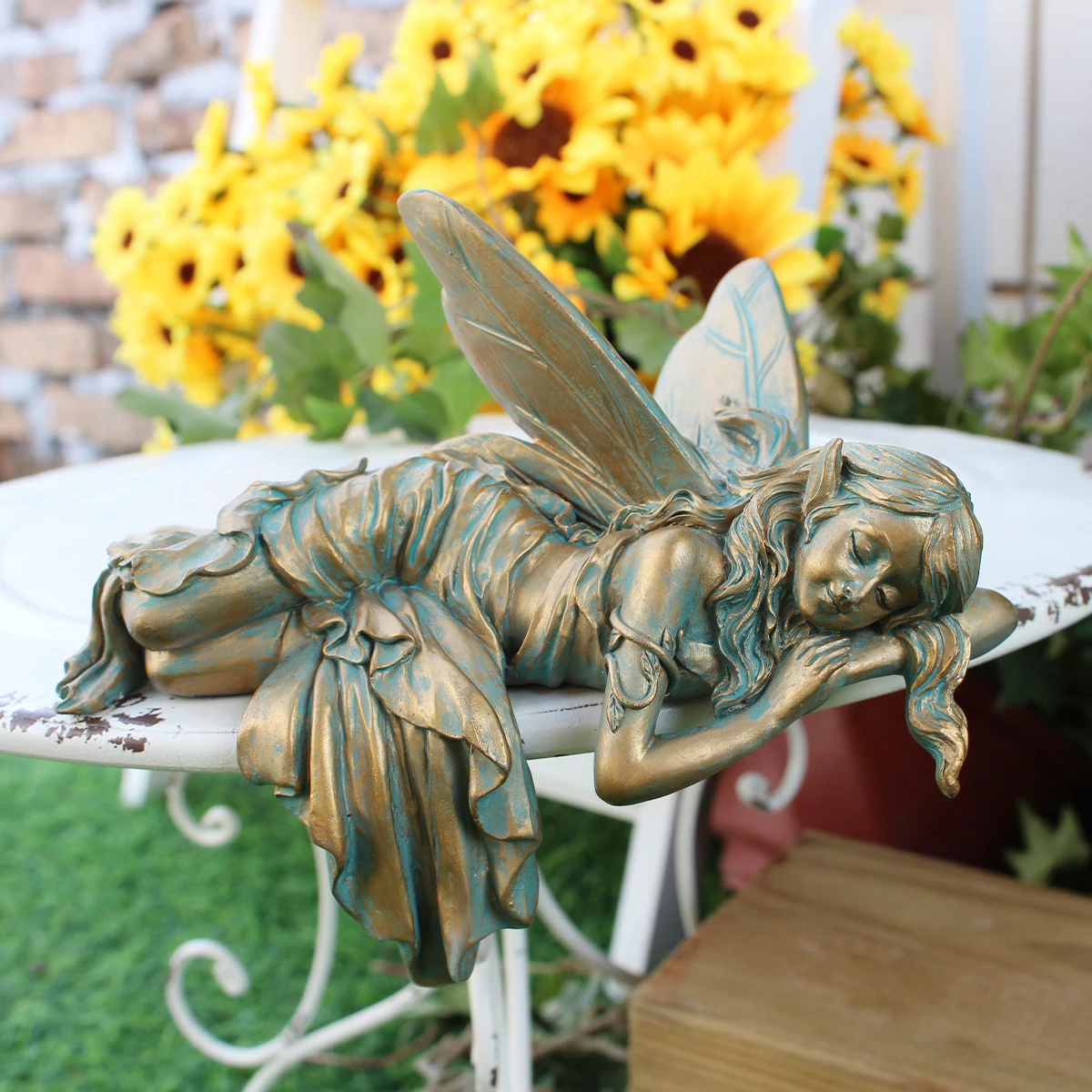 Kunstharz-Imitation Kupfer Schlafender Elf mit Flügeln, Geeignet für Schreibtisch, Innenhof, Rasen, Blumentopf, Valentinstagsgeschenk – Detail 10