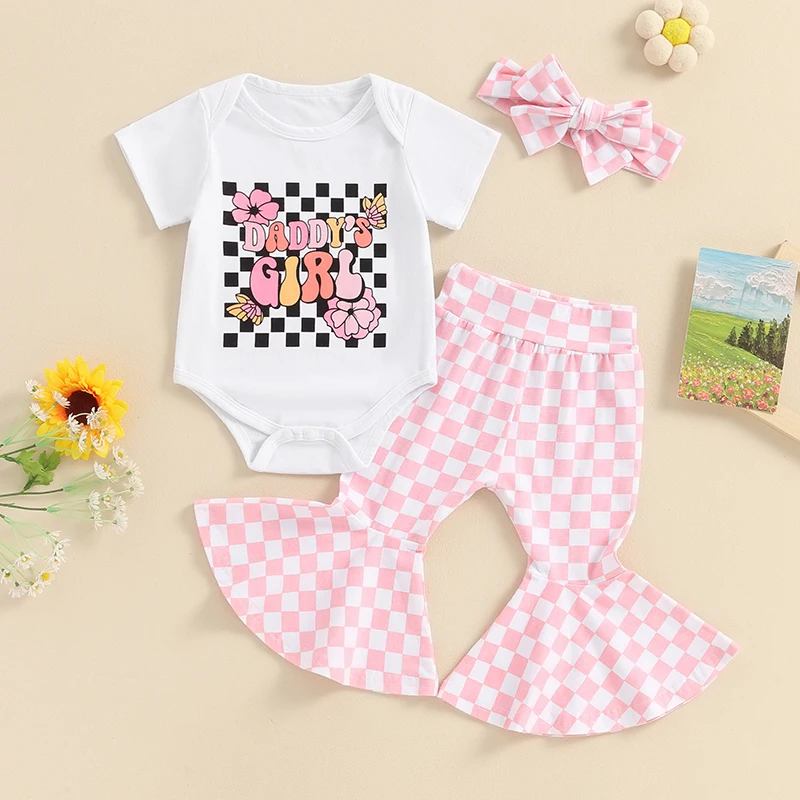 

2024-03-09 Lioraitiin 0-18M Baby Girls Summer Outfit Short Sleeve Letters Print Romper with Plaid Flare Pants and Headband