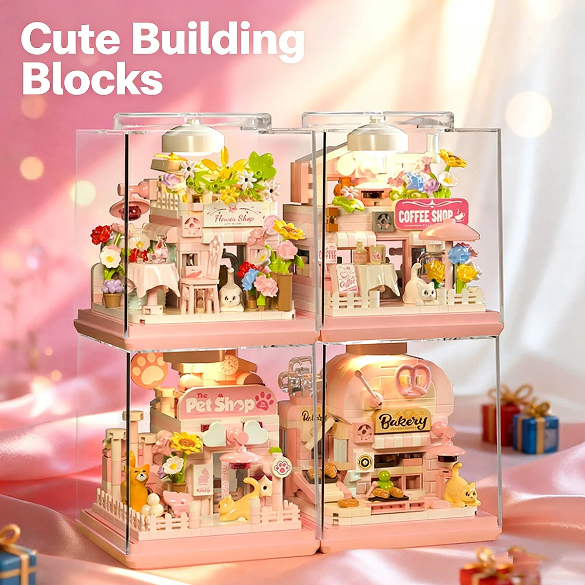 Cat Daily Life Micro Building Blocks Flower Shop Street View Assembly 3D Model Mini Brick Figure Toy For Kid Christmas Gift