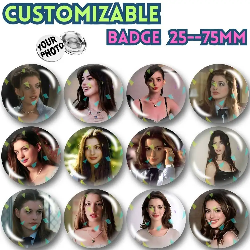 A-Anne Annie H-Hathaway Aesthetic Customizable Round Brooch Pins, Personalized Badges With Broken Glass Design Fashion Accessory
