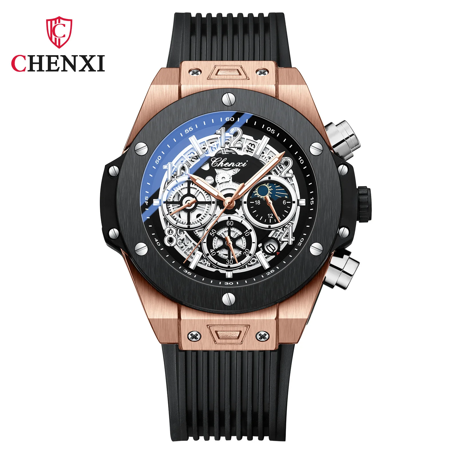 CHENXI 949 Quartz Watches Luxury Cool Creative Sports Chronograph Black Gold Silicone Strap Date Wristwatch for Male Gift