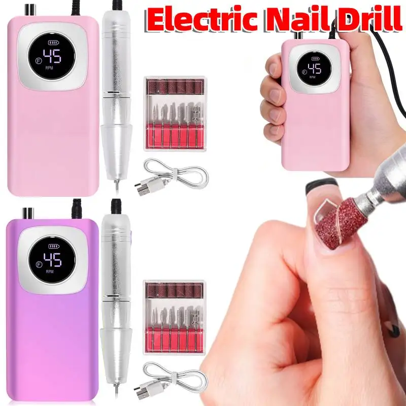 

Портативная электрическая машинка для маникюра 45000 об/мин, перезаряжаемая, с набором насадок, ЖК-дисплеем, для полировки и снятия акрила и геля