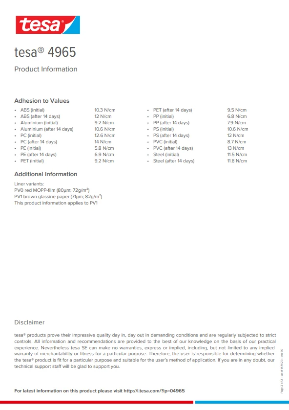 TESA 4965 40mm x 50m Double-sided Industrial Mounting Tape with Excellent Hold