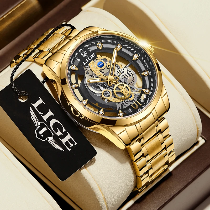 

2026 LIGE Men Watch Skeleton Automatic Quartz Watch Gold Skeleton Vintage Man Watch Mens Watches Top Brand Luxury часы му