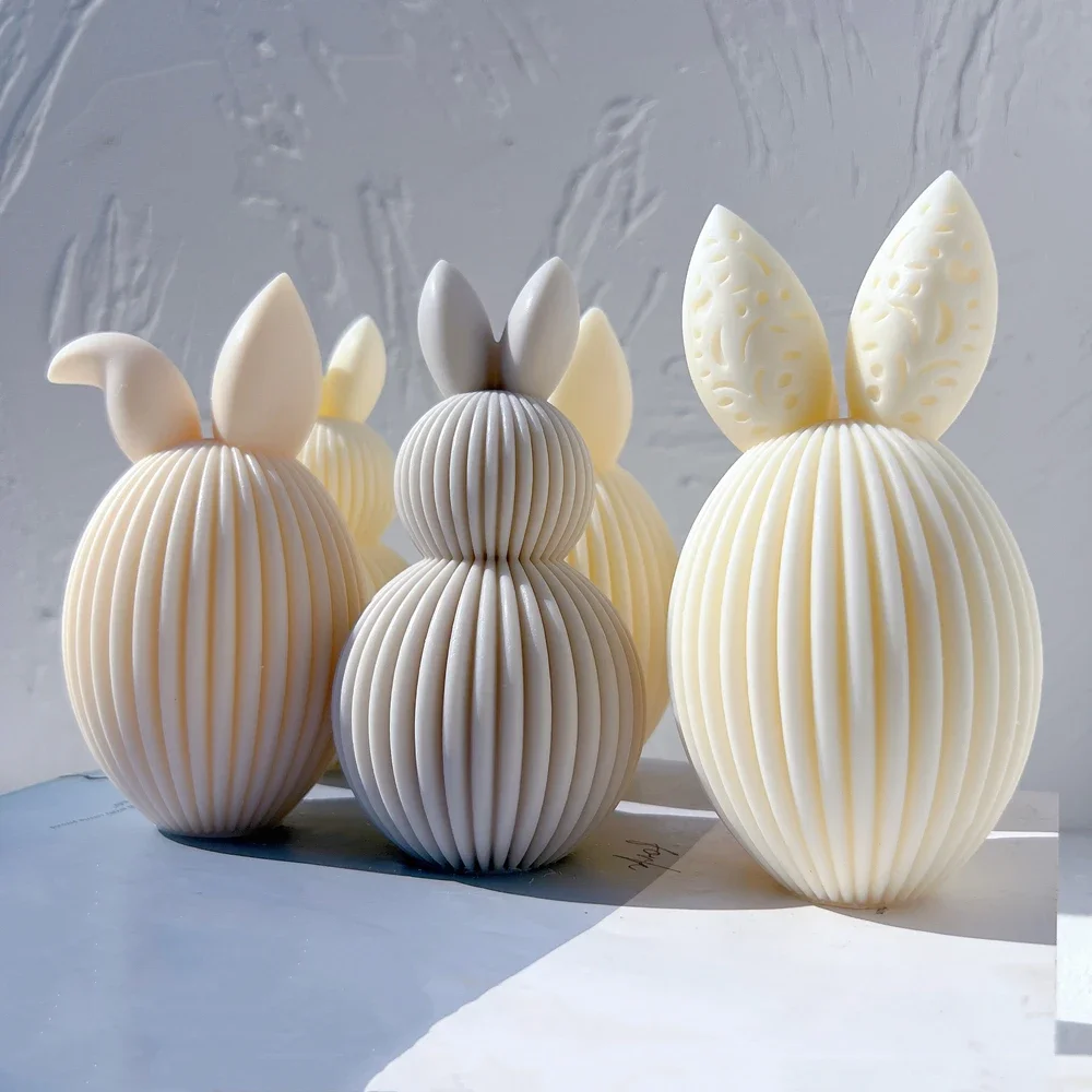 Ribbed Egg Rabbit Ear Candle Mold For Easter Decor Aesthetic Silicone Mould Geometric Striped Soy Wax Mold