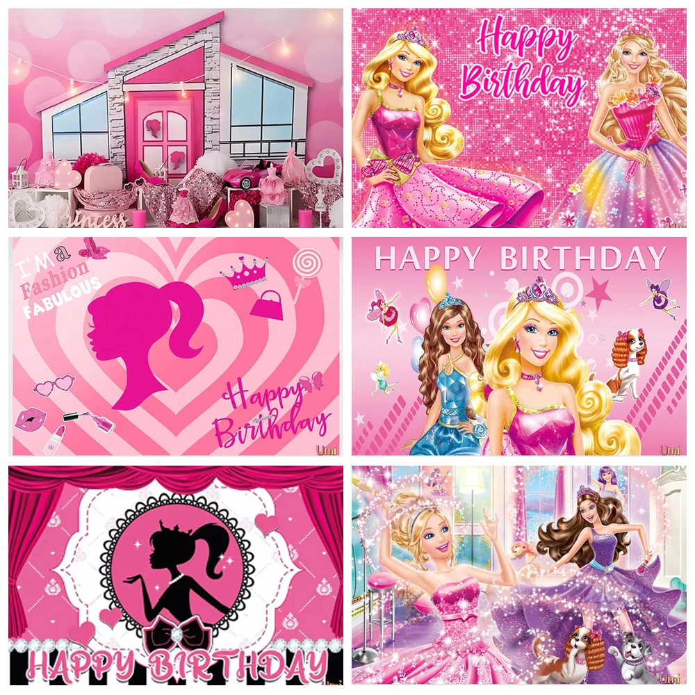 Fondo de Princesa Barbie Rosa para Fiesta de Cumpleaños Infantil, Decoración de Dormitorio, Banner Personalizable
