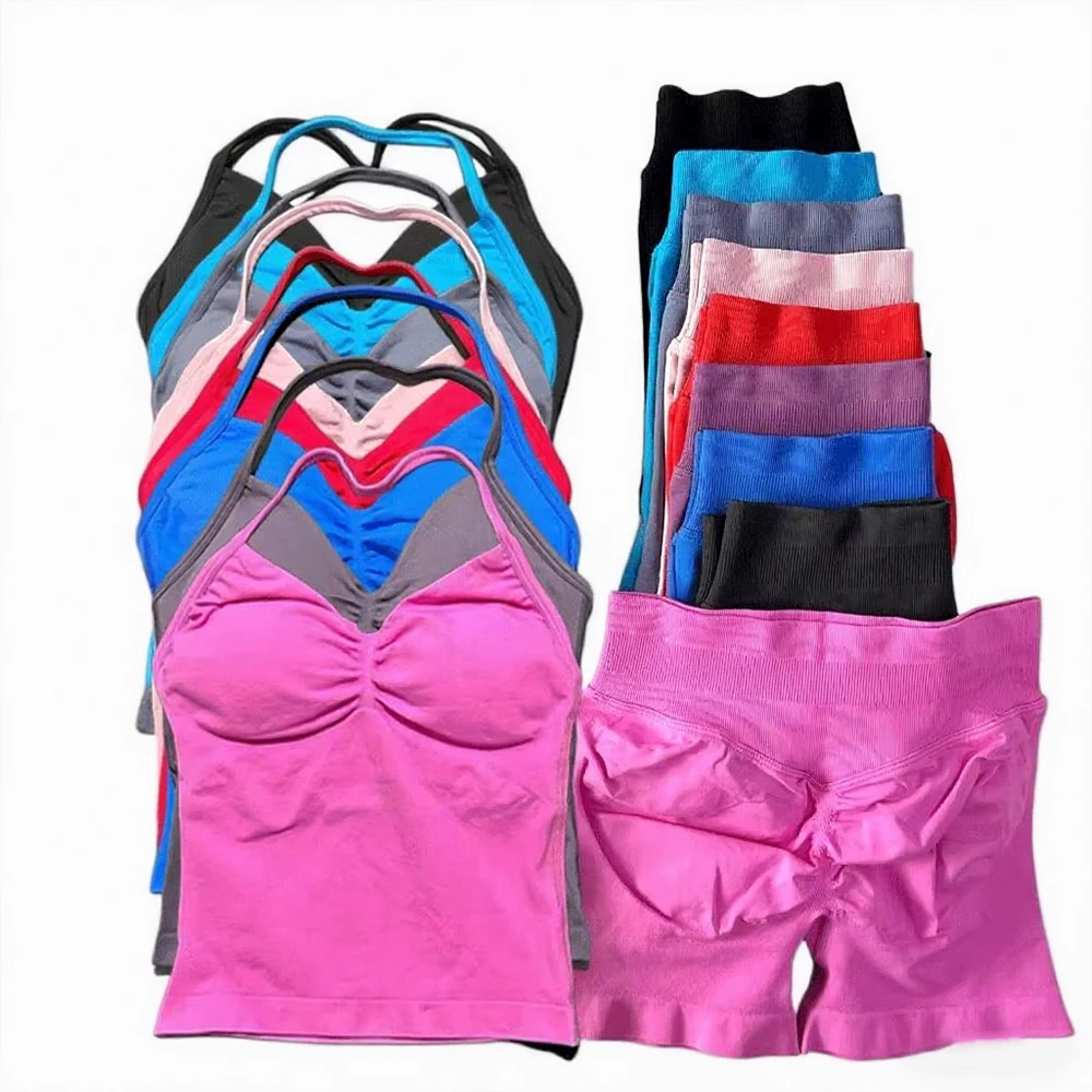 Terno de fitness de impacto de 2 peças feminino halter colete cintura alta sem costura shorts terno de fitness roupas esportivas terno de treino