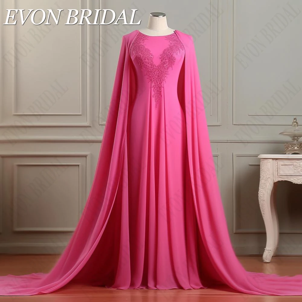 Evon Bruids Arabische Vrouwen Avondjurken Hete Roze Chiffon Formele Gelegenheid Jurken Luxe Kant O-hals فساتين السهرة Achterkant Rits