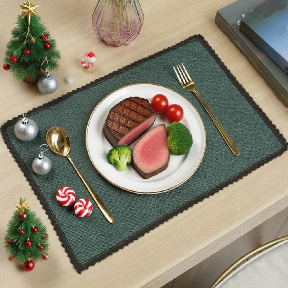 1/4/6 Stück grüne Tischsets für Weihnachtsessen mit Spitzenrand-Design, Stoff-Tischsets, maschinenwaschbar, Bauernhaus-Küchentischunterlage