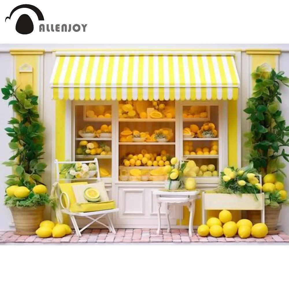 Allenjoy Lemonade Stand Photography Backdrop Yellow Summer Lemon Fruit Shop Photoshoot Background