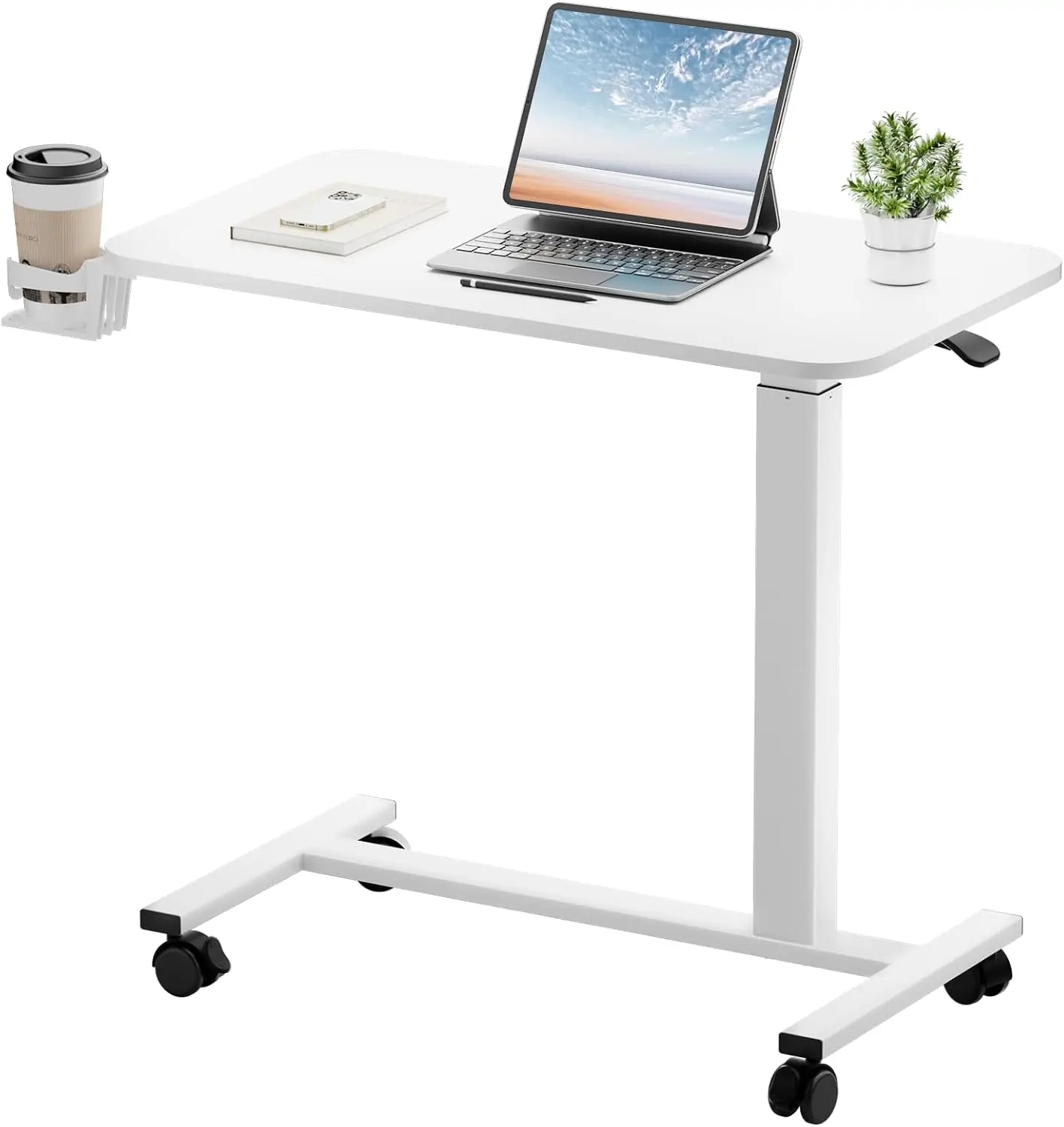 Small Standing Desk with Lockable Wheels, Pneumatic Mobile Rolling Laptop Desk,Adjustable Height Overbed Bedside Table Computer