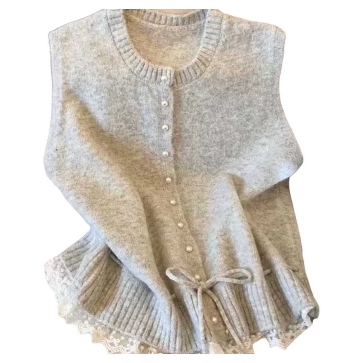 Women Knit Vest Cardigan Lace Hem Sleeveless Sweater Tank Top Pearl Button Drawstring Waist Grey Knit Waistcoat Autumn Casual Ou