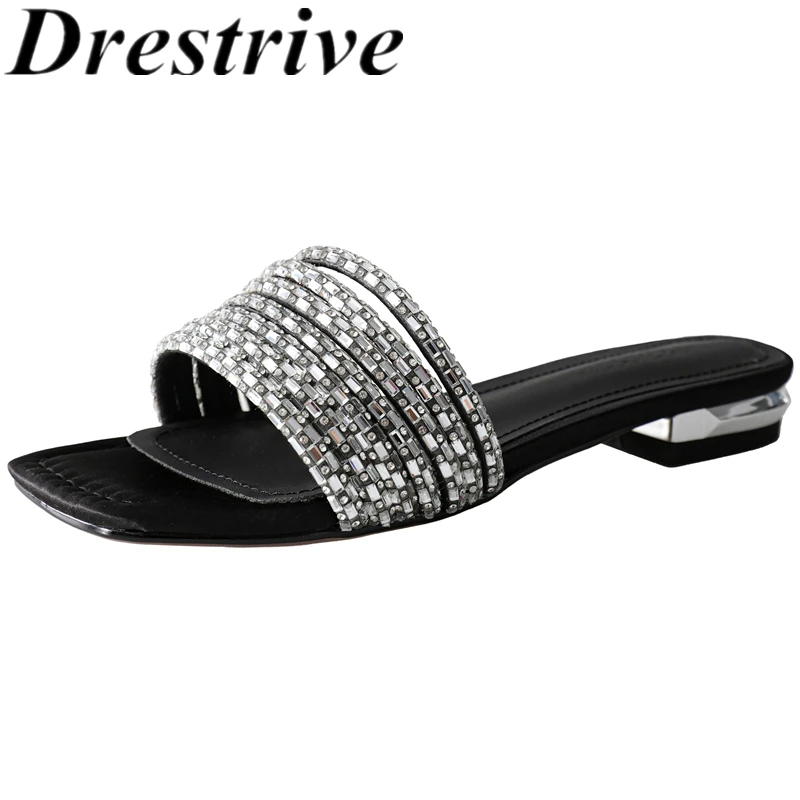

Drestrive 2026 Fashion Women's Slippers Crystal Square Toe Thin High Heels Handmade Summer Shoes Sandals