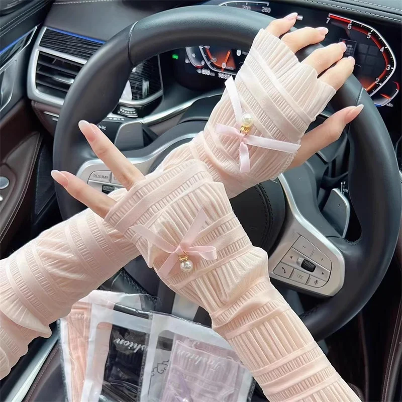 Women's Summer Lace Bow Pearl Long Arm Sleeve Warmers 2024 Causal Breathable Sunscreen UV Protection Cuffs Driving Sleeve Holder