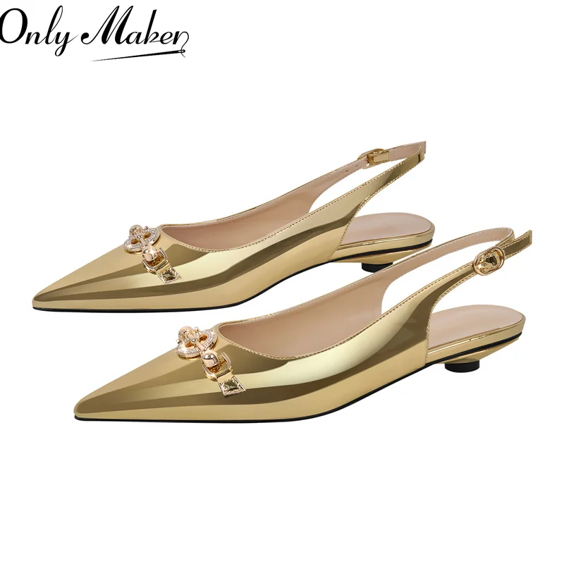 Onlymake Women Pointed Toe Black Patent Leather Round Heel Slingback Flats Strap Retro Elegant Plus Size Daily Shoes