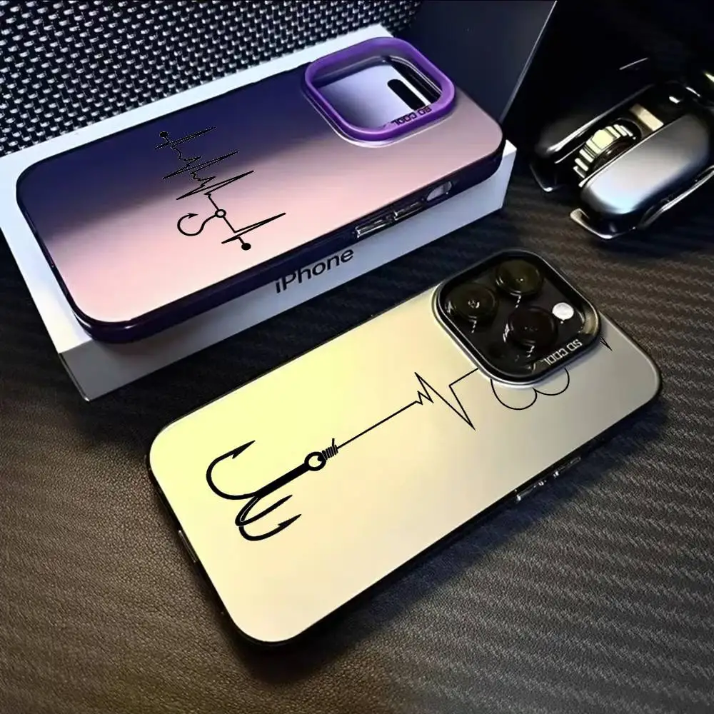 Fishing Heartbeat Fish Hook Phone Case For iPhone 17 16 15 14 13 12 11 Pro Max Black Purple Matte Laser Metallic Aurora Funda