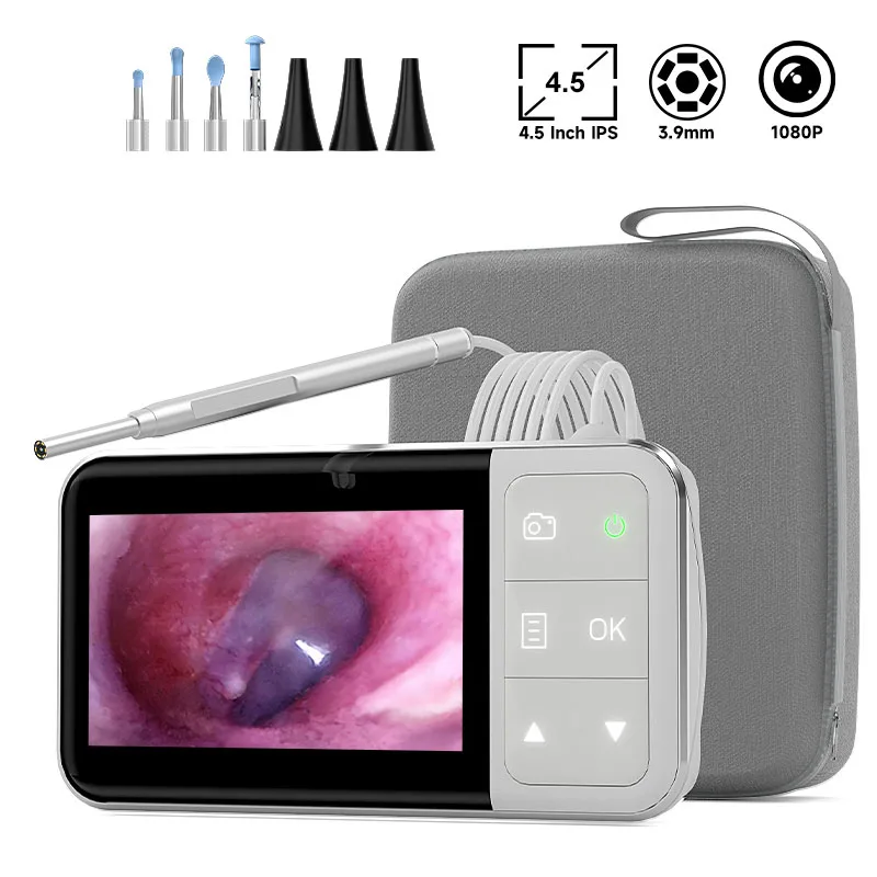 Ear Cleaning Camera 4.5'' IPS Screen HD1080P 3.9MM Digital Otoscope Visual Stick 6LEDs 2600mAh Ear Pick Ear Wax Cleaner Tool Bag