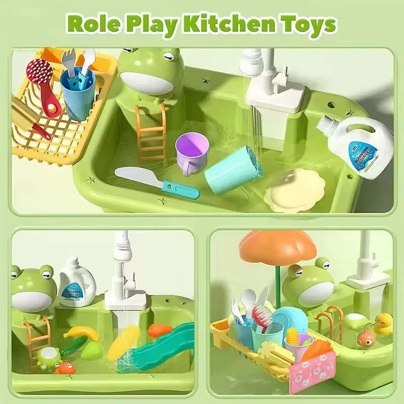 Nuovi bambini rana lavello da cucina Playset pesce lavastoviglie elettrico con giocattolo da corsa acqua finta cibo pesca gioco di ruolo regali di compleanno