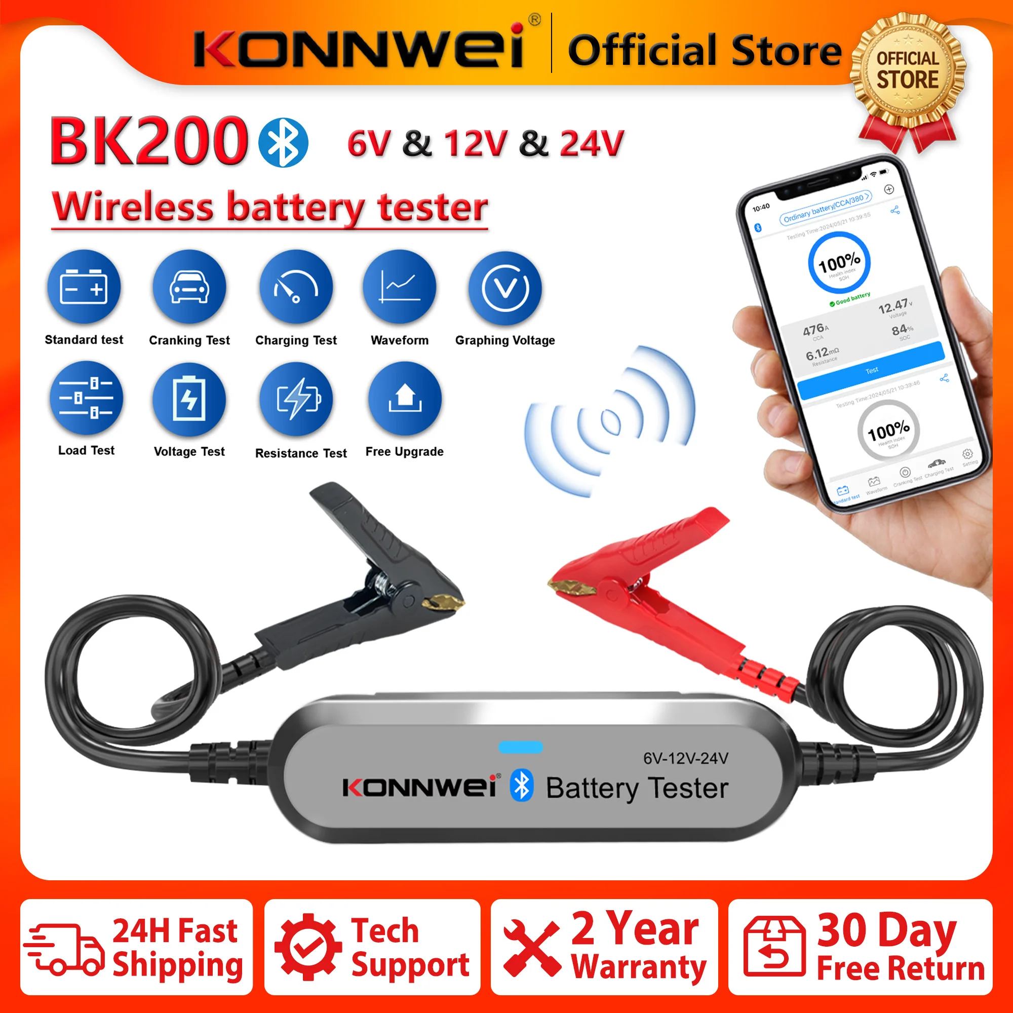 2026 KONNWEI BK200 Car Wireless Battery Tester Bluetooth 5.0 Waveform Monitor 6V 12V 24V 100-2000CCA Charging Cranking Test Tool