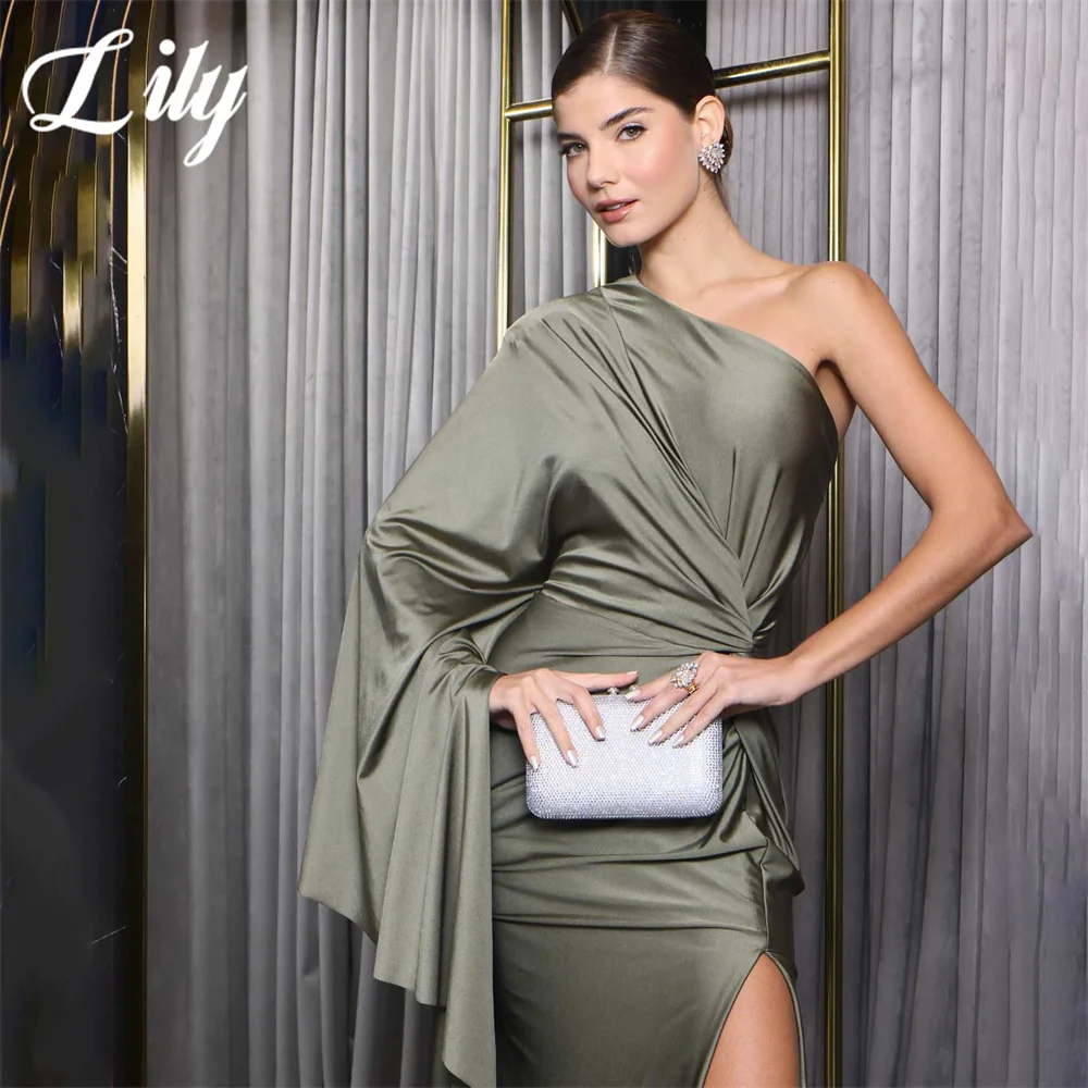 Lily Green Prom Dresses One Shoulder Evening Dress with Pleats Satin Trumpet Party Dress Sexy Side Slit A-Line Robe De Soirée