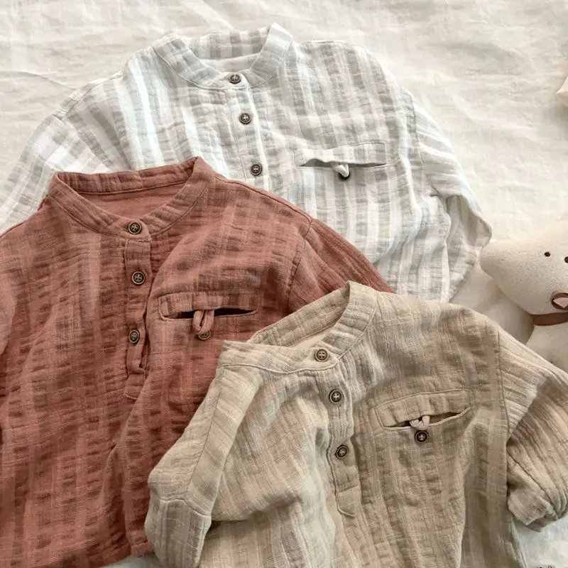 2026 Children Pocket Stand Collar Long Sleeve Shirt Baby Boy Girl Casual Tops