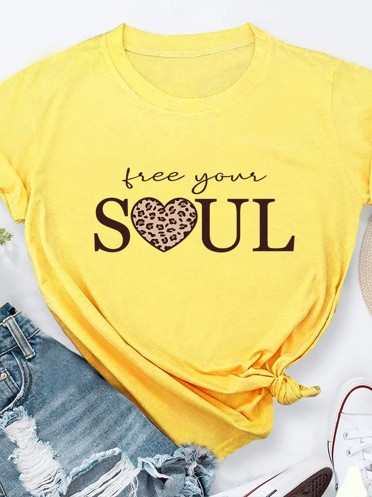 Free Your Soul Leopard Heart Print Women T Shirt Short Sleeve O Neck Loose Women Tshirt Ladies Tee Shirt Tops Camisetas Mujer