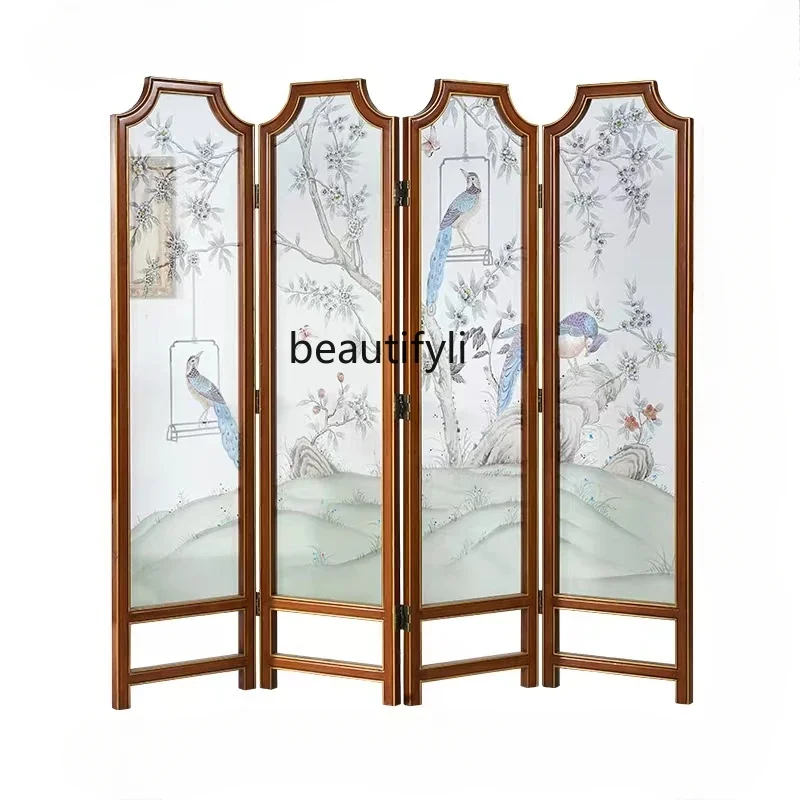 

LJYNew Chinese screen hand-painted partition living room folding mobile entrance wall solid wood hotel retro folding screen