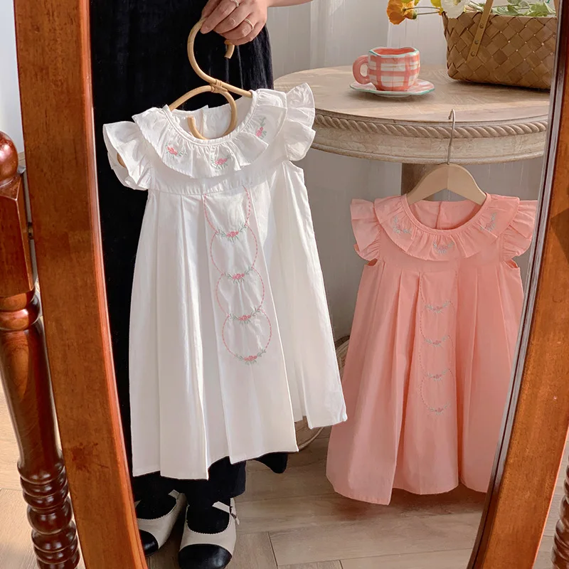 

French-Style Embroidered Pleated Girls' Dress Summer New Ruffled Flower Flying Sleeve Cotton Children's Skirt-MR