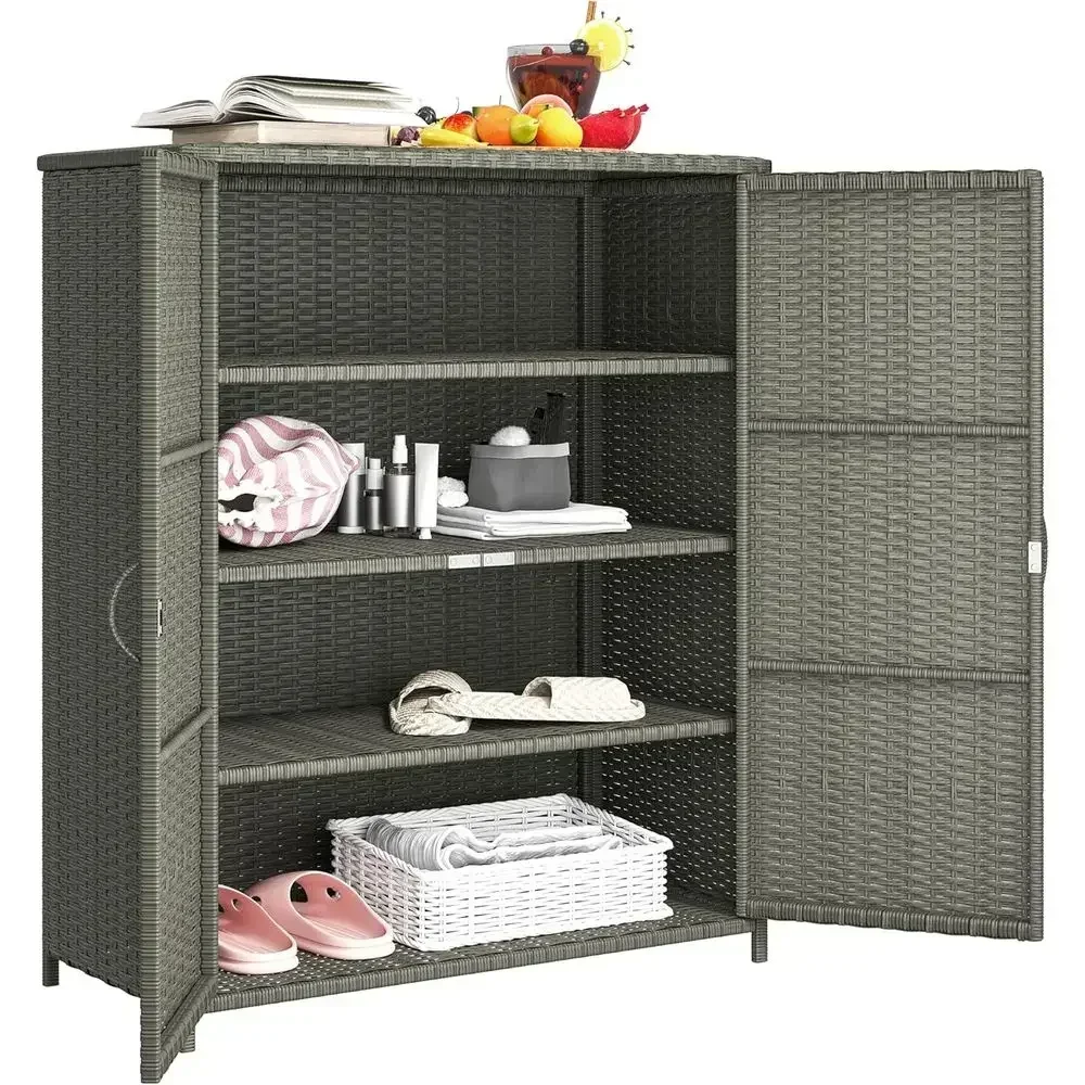 Outdoor Storage Cabinet with 4 Shelves for Pool Towels, Rattan Shelves for Garden, Backyard, Porch - Gray
