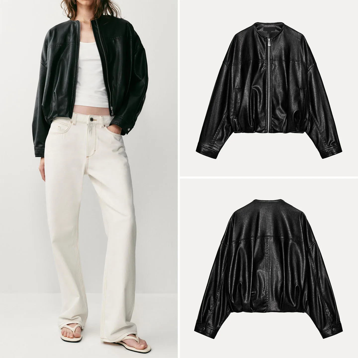 Fashionable Bubble Sleeve Pilot Jacket Outerwear Women's Autumn New Arrival ZADATA Standard Fit Short Coat Other Material 100%