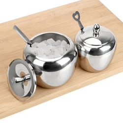 Apple Sugar Bowl With Lid and Spoon Condiment Pot Seasoning Jar Spice Container Stainless Steel Tableware