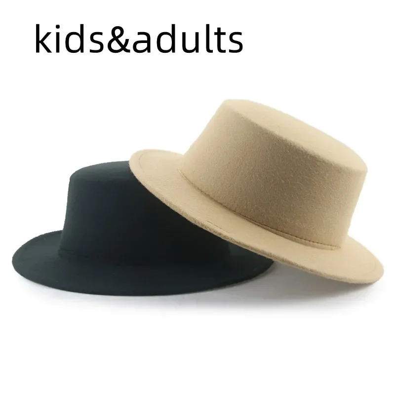 Hats for Women Fedoras Flat Top Kids Adults Child Felted Hat Solid Casual Vintage Formal Men Women Camel Black Parent Kids Hats