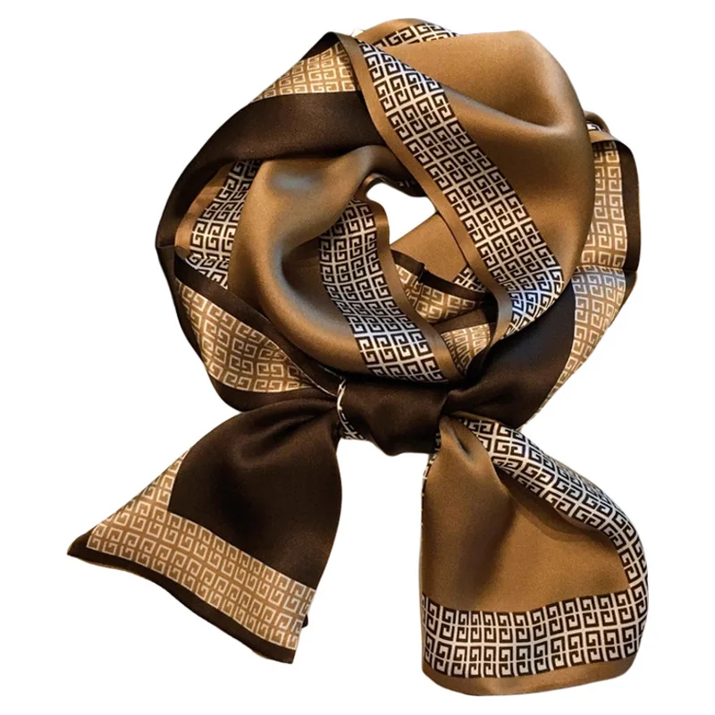 

Luxury Brown Geometric Print Satin Silk Scarf Women Elegant Neckerchief Neck Tie Bag Ribbon Hair Band Office Casual Foulard