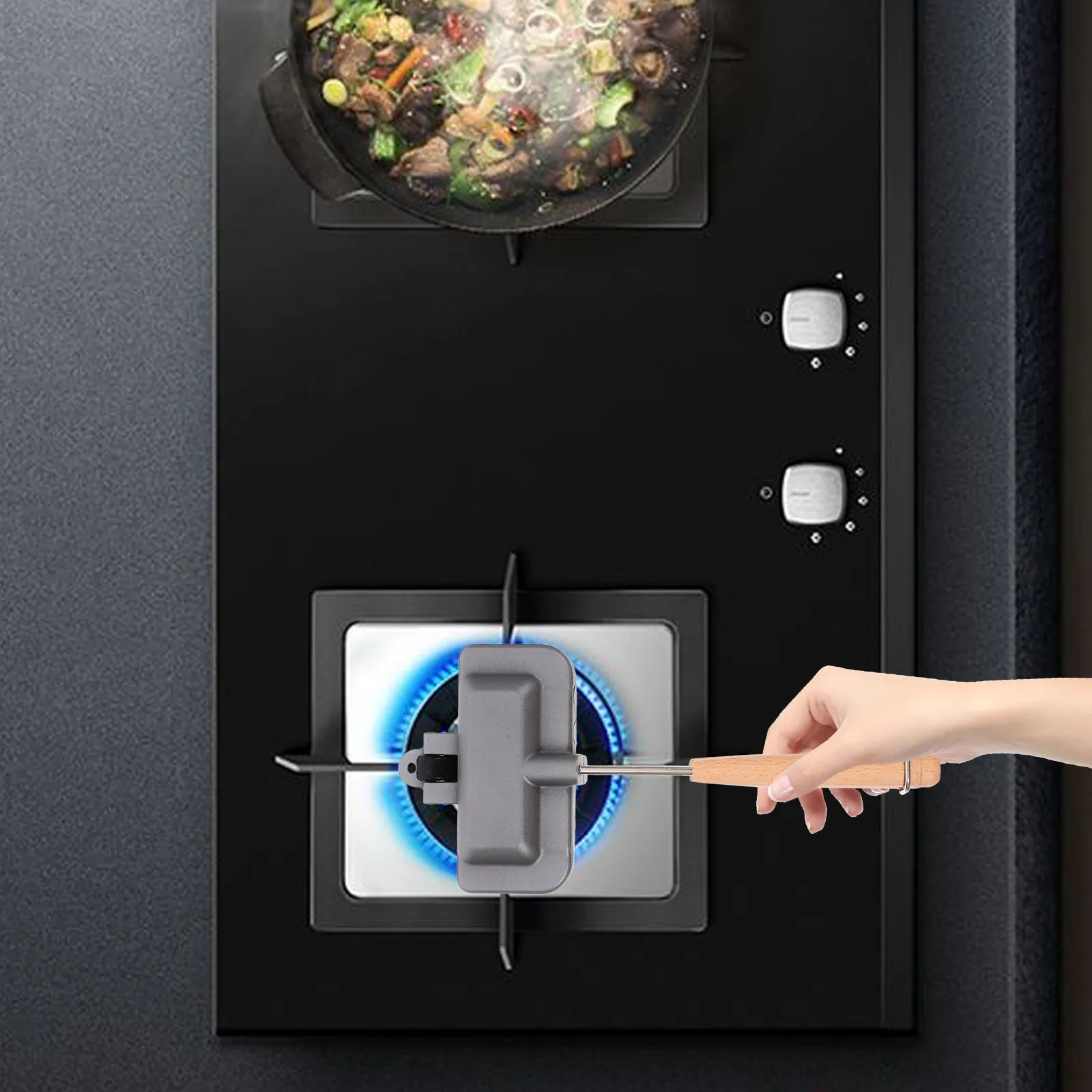 Non-Stick Sandwich Baking Pan Double-Sided Aluminum Alloy Wood Kitchen Cooking Utensil Bread Frying Tray