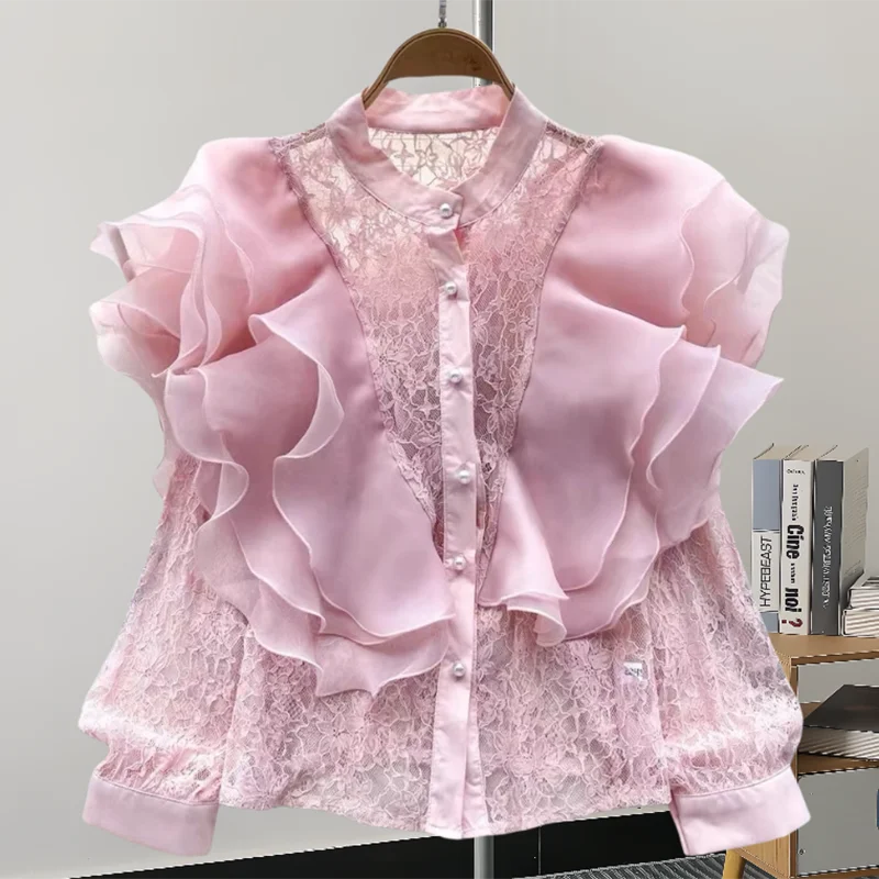 GVUW Gauze Women Shirt Fashion Ruffles Full Sleeve Stand Collar Single Breasted Solid Color New 2024 Fashion Shirts 17G7774