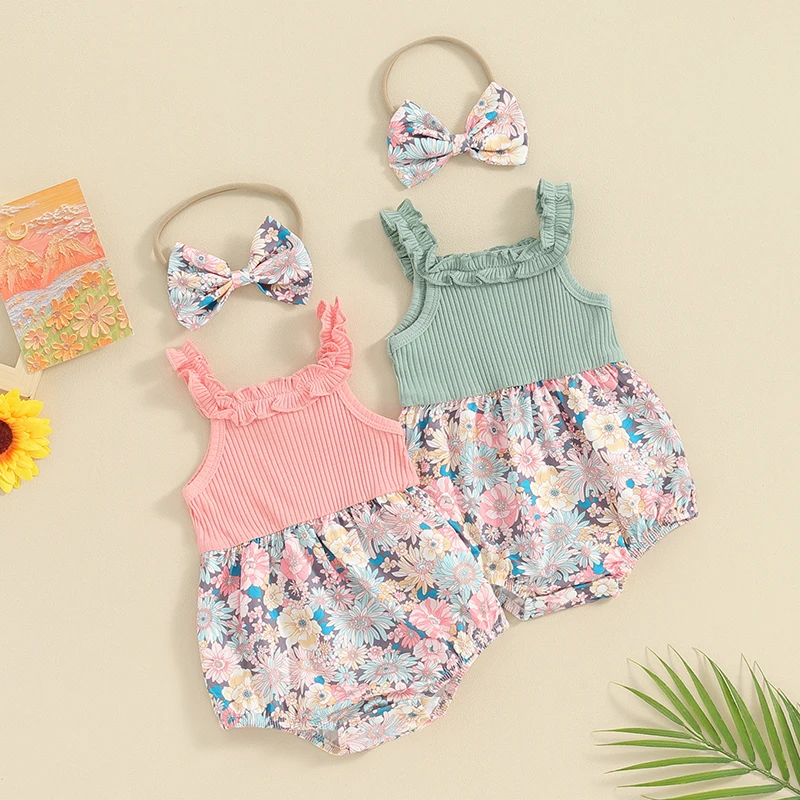 

Tregren 0-18M Infant Baby Girl Bodysuits with Bow Headband Summer Sleeveless Flower Print Patchwork Romper Cute Newborn Clothes