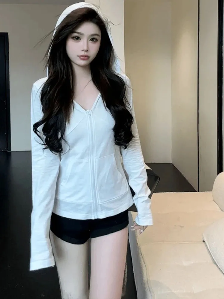 

Vintage Solid Hooded Jackets For Women Autumn Zipper All Match Outwear Fashion Casual Y2k Pocket Slim Fit Coat 2025 Ropa Mujer