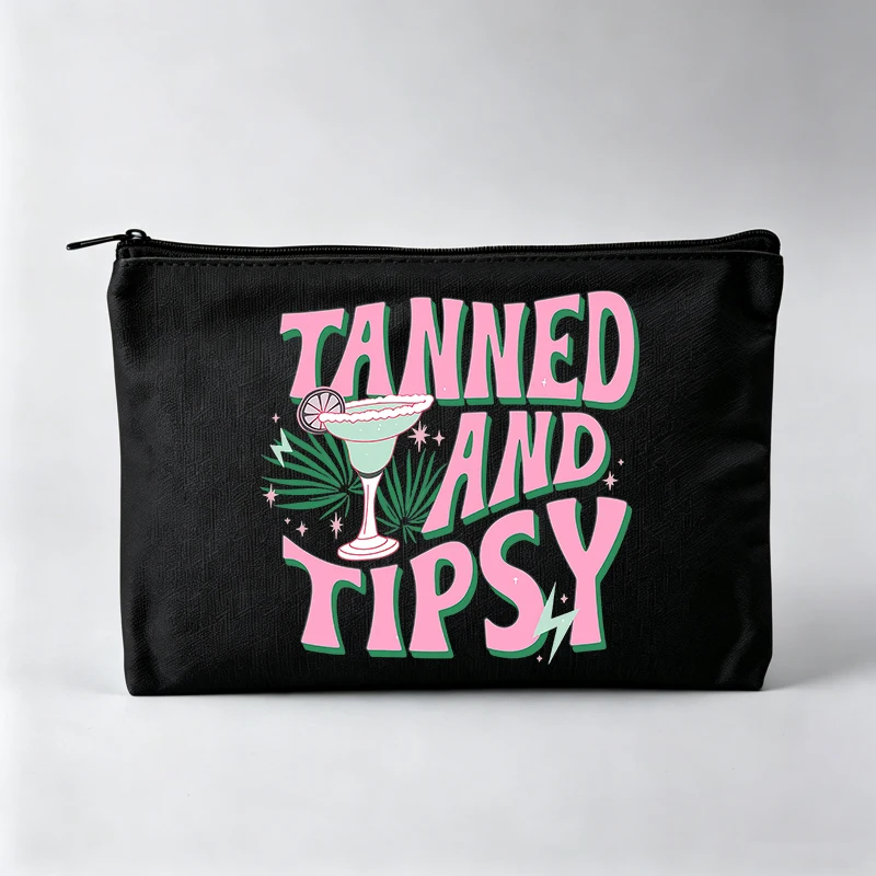 Slogan Style Cosmetic Bag with Cocktail Print, Fashion Makeup Pouch for Daily Use