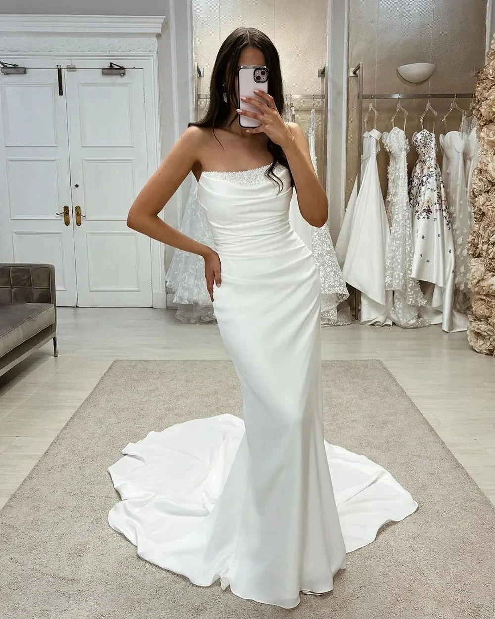 Simple Elegant Satin Mermaid Wedding Dress For Woman 2024 Beading Strapleess For Women Elegant Customize To Measures 2024