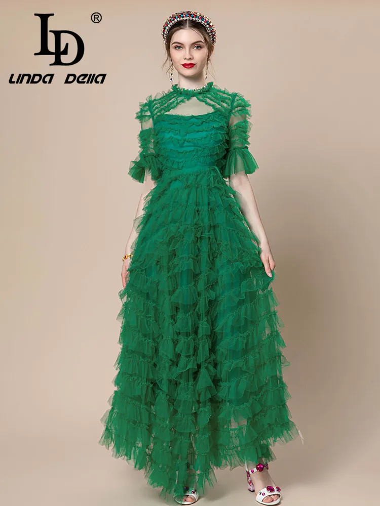 

LD LINDA DELLA 2024 Summer Fashion Designer Dress Women's Green Flare Short Sleeve Splice Cascading Ruffle Lace Long Dress