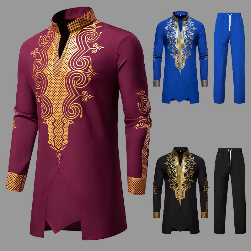 Men's Fashion Printed Long Sleeve Totem Round High Neck Long Comfortable African Style Loose Pants Suit