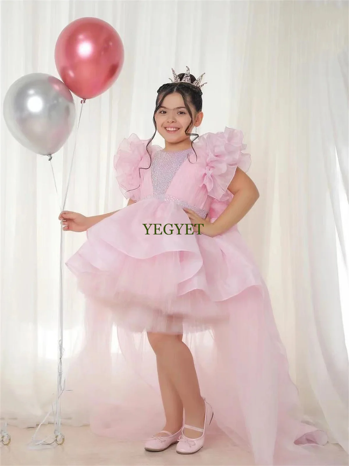 Pink Sparkle Flower Girl Dress For Wedding Puffy Tulle Beaded Sequins Elegant Girls Birthday Party Piano Performance Ball Gowns