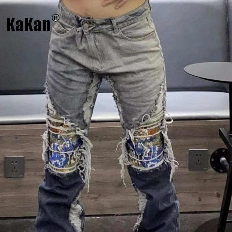 Kakan-Europe and The United States New Destruction Washed Jeans Men's, Heavy Embroidery Hole Straight Long Jeans K27-90c01