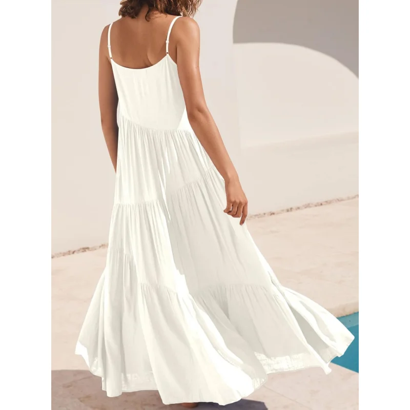 Abito estivo da donna, casual, ampio, senza maniche, con cinturino per spaghetti, fluido, boho, in lino, per le vacanze al mare, maxi abito lungo