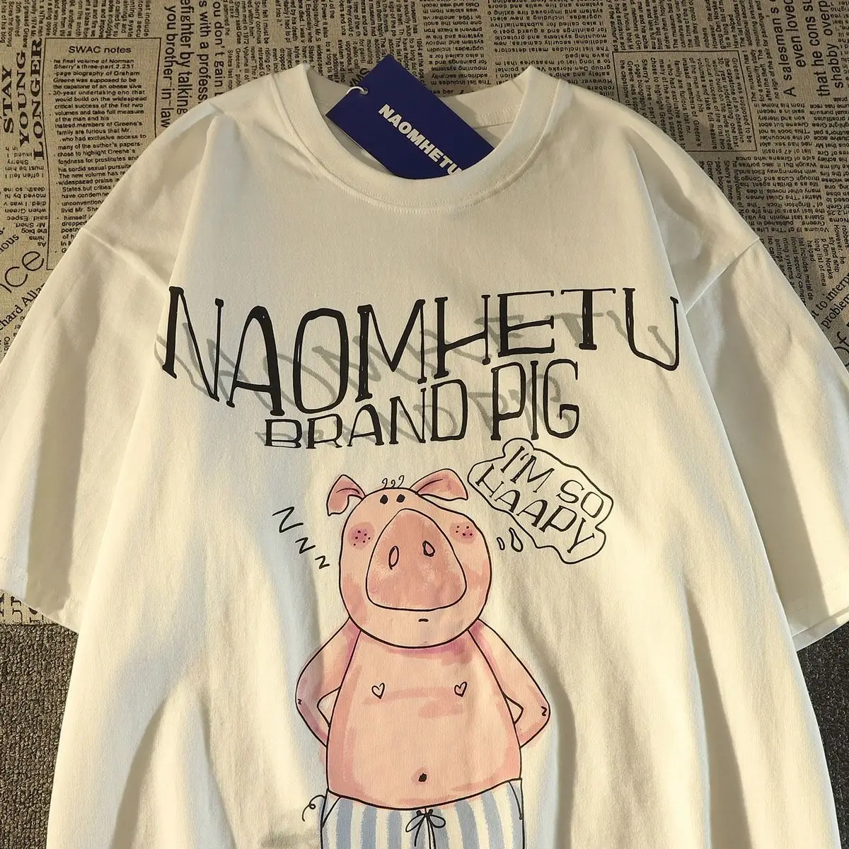 

American retro hand-painted piglet pure cotton short-sleeved T-shirt for men and women summer loose Korean style trendy brand