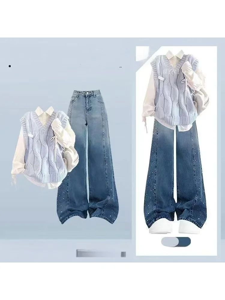 

Korean Sle High Waist Denim Tee Piece Set Women's irt Vest And Pants Autumn Winter Faion Casual Comfortable Outfit