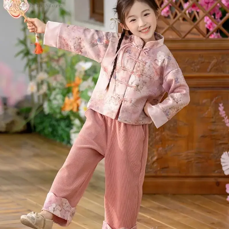 

Детский весенне-осенний комплект ханьфу, костюм Тан с цветочным принтом для девочек, новая одежда в китайском стиле, традиционный восточный элегантный костюм